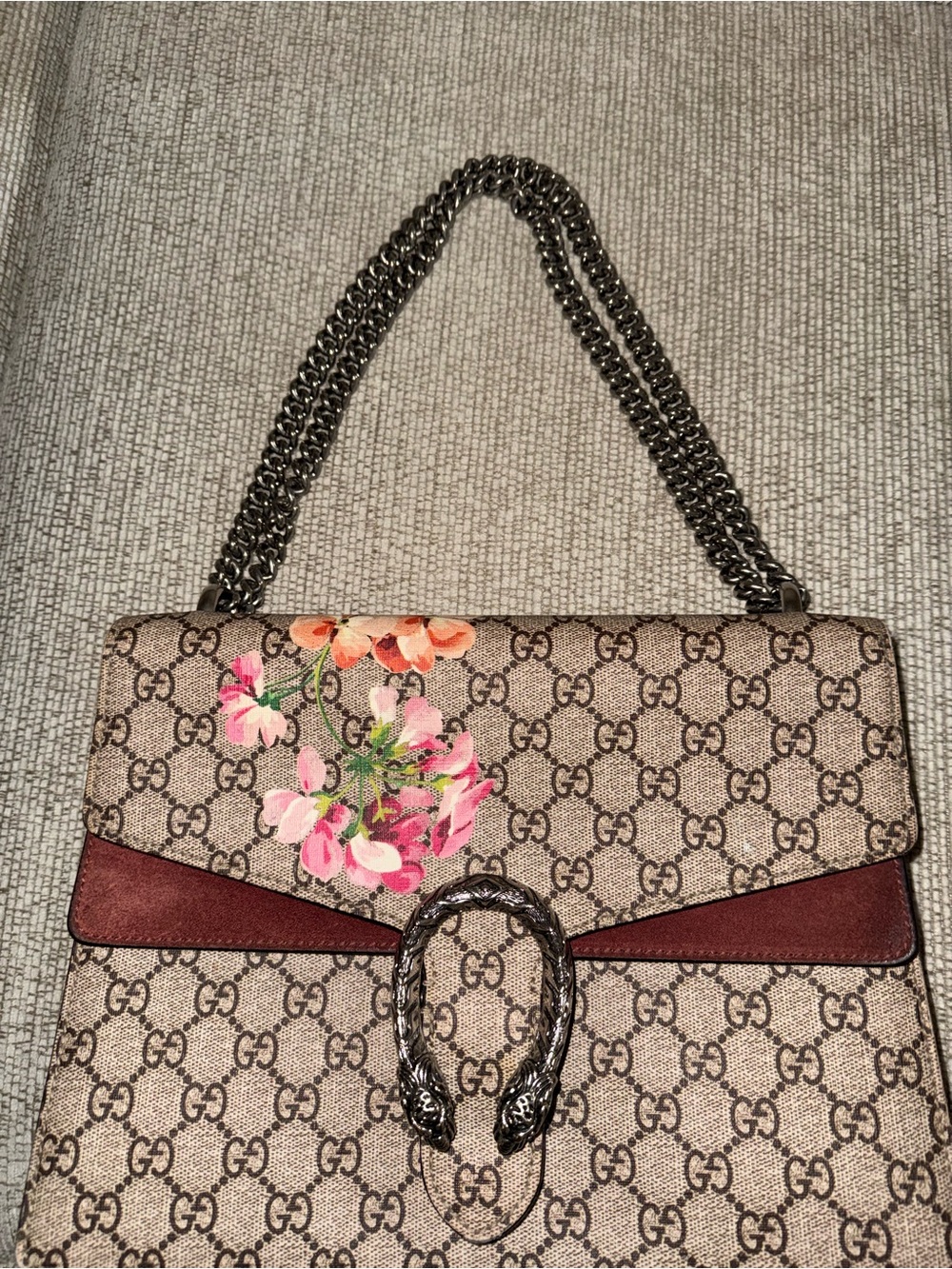 Gucci Beige GG Canvas Shoulder Bag with Pink Floral and Burgundy Trim